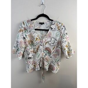 Topshop Blouse White 6 Floral Moon Leopard Drawstring Cropped Boho